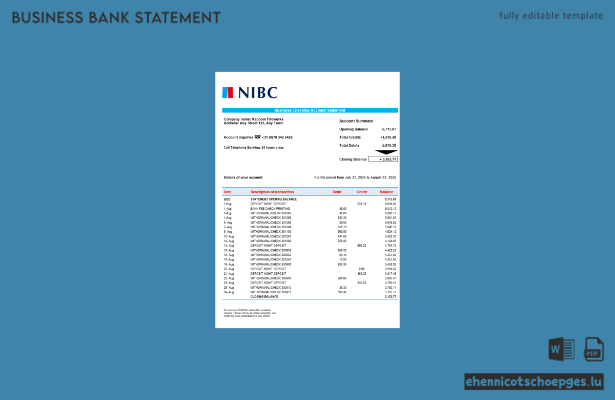 Beispiel für einen Kontoauszug der NIBC Bank für Geschäftskunden im Word- und PDF-Format